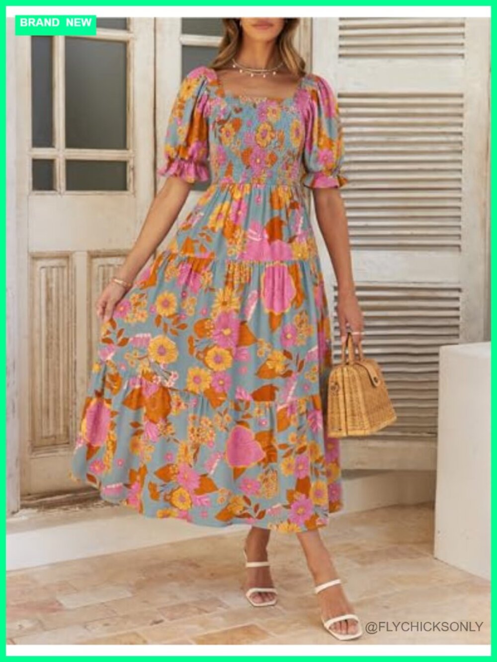 Boho Floral Print Square Neck Ruffle Swing Beach Maxi Dress - Picture 5 of 7